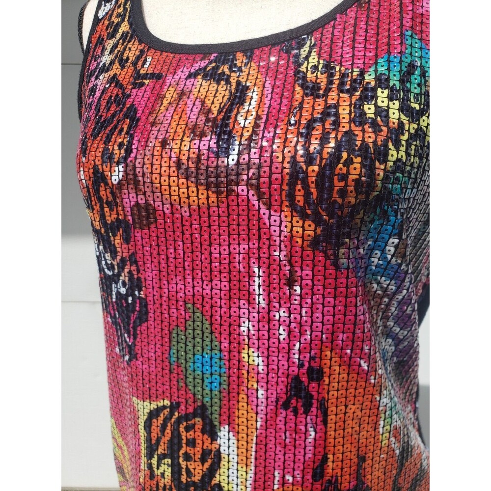 Peter Nygard Women's Sz Small Tank Top Floral Sequin Bold Neon Pink Stretch - Picture 2 of 9